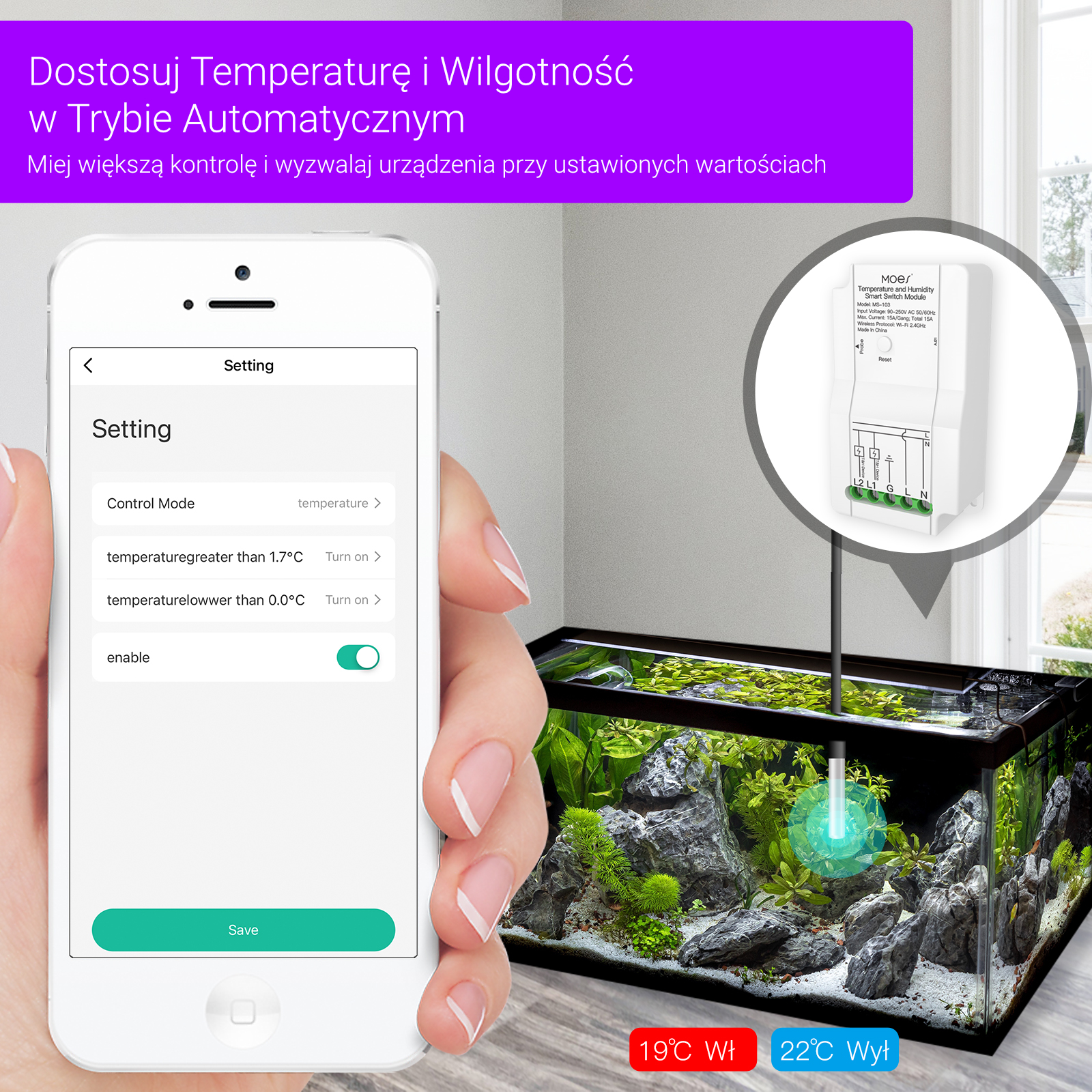 Przekaźnik z czujnikiem temperatury Wi-Fi Moes MS-103-WP Tuya - obrazek 2