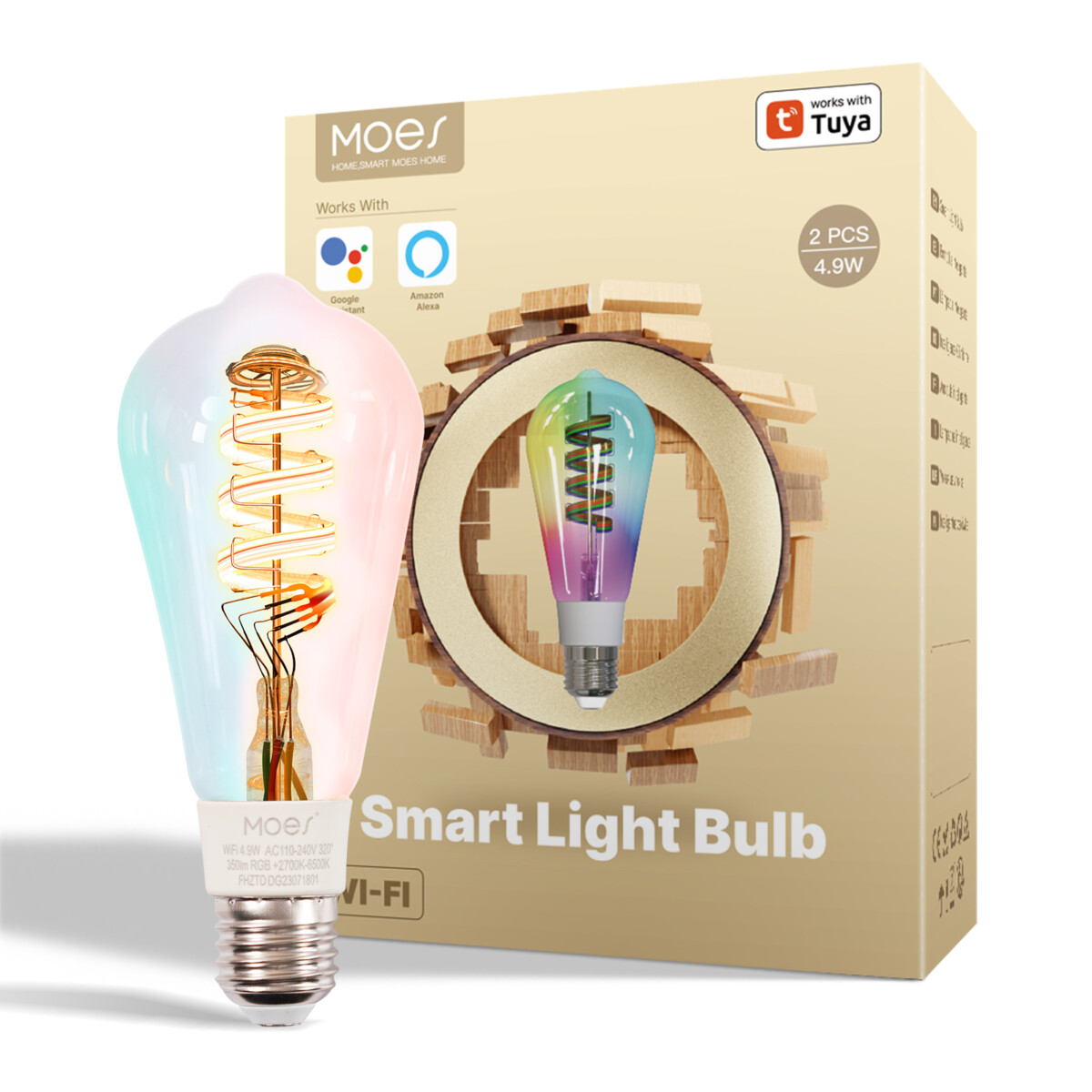 Inteligentna żarówka WiFi E27 LED RGB 16 mln kolorów 2700-6500K Dimmable MOES WB-TDS5-RCW-E27-MS TUYA