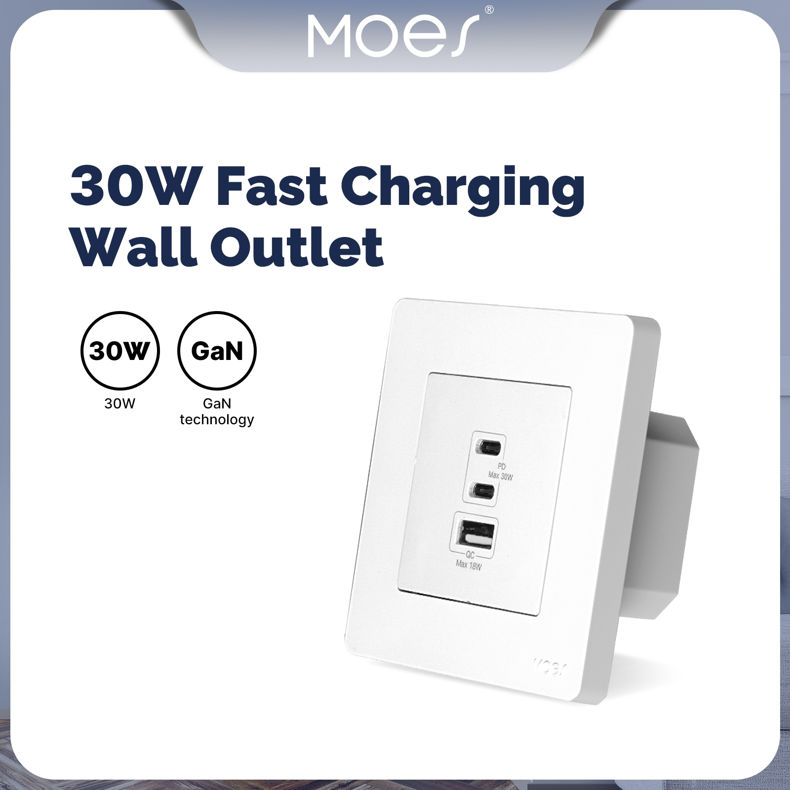 Gniazdko ścienne z ładowarką GaN, Moes TK-SR-EU-2C1A-30 Star Ring 30W PD 3.0 3 porty USB (2× USB-... - obrazek 2